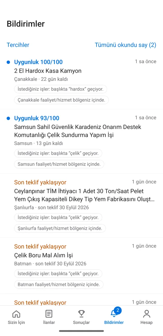 İhaleKap mobil uygulaması: bildirimler ekranı, nedeniyle birlikte gelen yeni ilan ve son teklif hatırlatmaları